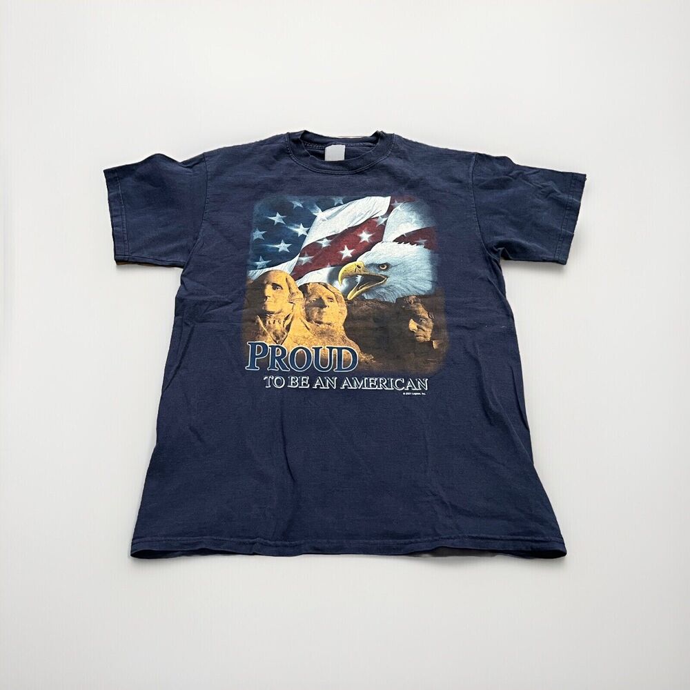 Vintage 2001 Tultex Mens Navy Proud To Be An American Logotei, Inc T-Shirt M